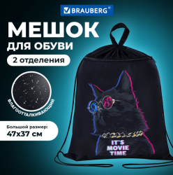 Мешок для обуви BRAUBERG, с петлёй, карман на молнии, 47х37 см., рисунок Кот в очках